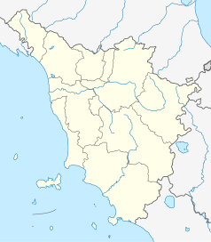 Mapa konturowa Toskanii, blisko centrum na lewo u góry znajduje się punkt z opisem „Calcinaia”