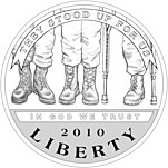 A line drawing of the obverse of a coin, showing the bottom third of three people dressed in military-style pants and boots: a person with two legs, a person with two legs and a crutch, and a person with one leg and a prosthetic leg. The words "They Stood Up For Us", "In God We Trust", "2010", and "Liberty" embellish the coin.