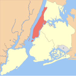 Kaart van New York wat Manhattan in oranje aandui.