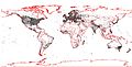 Weltkarte mit Wikipedia coordinates erstellt mit PostGIS und QGIS (gefiltert, Stand 2010)