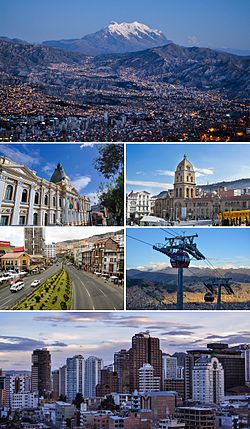 Theo chiều kim đồng hồ: Khung cảnh La Paz với Núi Illimani phía sau, Tòa nhà Hội đồng Lập pháp Đa dân tộc, Nhà thờ San Francisco, Mariscal Santa Cruz Avenue, Mi Teleférico, Downtown La Paz.