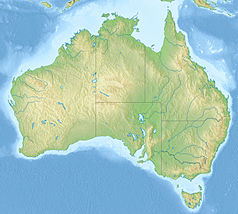 Mapa konturowa Australii, u góry znajduje się punkt z opisem „Jabiru”