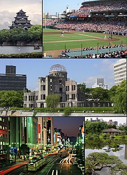 Frae tap left: Hiroshima Castle, basebaw gemme o Hiroshima Toyo Carp in Hiroshima Municipal Basebaw Stadium, Hiroshima Peace Memorial (Genbaku Dome), nicht view o Ebisu-cho, Shukkei-en (Asano Pairk)