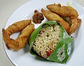 Nasi bakar teri (anchovy) with fried prawn and sambal as side dishes