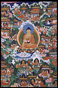 English: Shakyamuni Buddha with Avadana Legend Scenes. Tibet. Date 19th century
