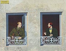 Fresque murale en trompe-l'œil montrant deux personnages.