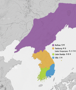 Baekje Akhir (berwarna hijau) pada tahun 915.