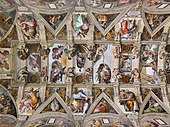 Parte del soffitto della Cappella Sistina nella Città del Vaticano a Roma, che mostra il soffitto in relazione agli altri affreschi