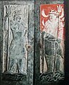 Dues deïtats guardianes en una antiga tomba xinesa, de les Dinasties Meridionals i Septentrionals a la Dinastia Tang, excavades a la ciutat de Yulin, província de Shaanxi, ambdues sostenint tridents.
