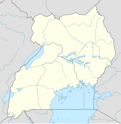 Mapa konturowa Ugandy, po prawej nieco na dole znajduje się punkt z opisem „Tororo”