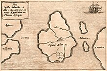 Gravure faisant apparaître plusieurs continents sur une carte.