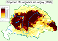 Ponderea etnicilor maghiari în Regatul Ungariei în 1890, conform recensământului austro-ungar efectuat în anul respectiv