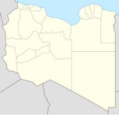 Mapa konturowa Libii, blisko górnej krawiędzi po lewej znajduje się punkt z opisem „Trypolis”