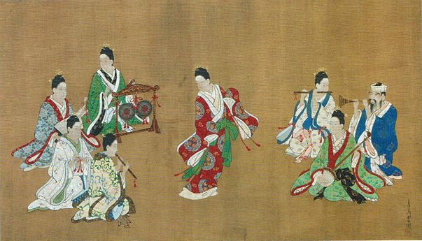 Gravura em seda retratando uma performance musical Chōshun, c. 1718