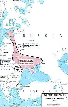 Map of Eastern Europe. தடித்த கோடு உருசியாவின் எல்லையைக் காட்டுகிறது, வண்னப்பகுதி மைய சக்திகளின் ஆக்ரமிப்புப் பகுதி