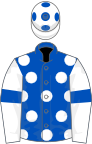 Royal blue, white spots, white sleeves, royal blue armlet, white cap, royal blue spots