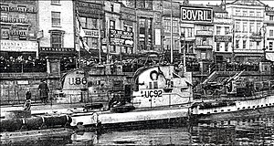 Uboats U-86 and UC-92 on exhibition in Bristol at the end of the war.
