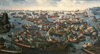 レパントの海戦（1571年）。当時の海戦では衝角戦術が用いられた。