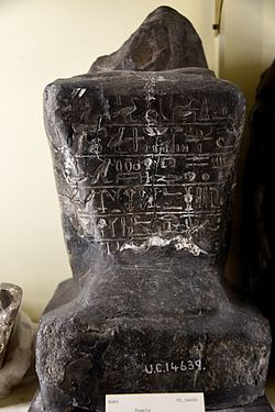 Sedeči kip faraona Seneferja s kartušo faraona Amenofisa II. v desni roki; Setov tempelj v Nakadi, zdaj Petriejev muzej egipčanske arheologije, London
