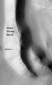 Zdjęcie czarno-białe. Widok z satelity. Podłużne, zakrzywione wzniesienie, na oświetlonym lewym stoku widoczna smuga.