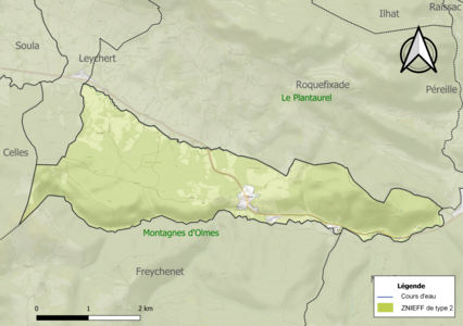 Carte des ZNIEFF de type 2 sur la commune.