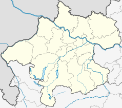 Mapa konturowa Górnej Austrii, blisko centrum na dole znajduje się punkt z opisem „Laakirchen”