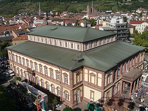 Ansicht von oben, Haupteingang rechts, im Hintergrund die Altstadt