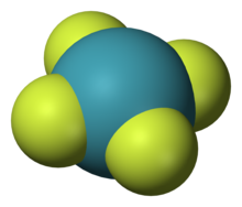 平面型分子模型，中間為氙原子，與四個氟原子對稱鍵合。