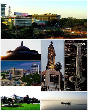 Anticlockwise from top: گاندھی میدان مارگ، Buddha Smriti Park، Skyline near Biscomaun Bhawan، Patna Museum، Gandhi's statue، Mithapur Over Bridge and river [Ganga