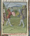 Lancelot, arborant un écu d'argent à trois bandes de gueules, affronte Tristan en combat (enluminure d'Évrard d'Espinques, BNF Fr.116, 1475).