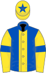 Royal blue, yellow stripe, yellow sleeves, royal blue armlets and star on yellow cap