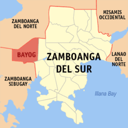 Mapa ng Zamboanga del Sur na nagpapakita sa lokasyon ng Bayog.