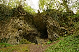 Une haute entrée de grotte à flanc de coteau.