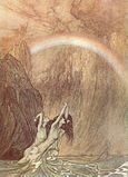 Illustratie bij Das Rheingold van Richard Wagner met de regenboog naar Walhalla, Arthur Rackham