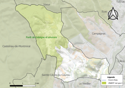 Carte de la ZNIEFF de type 2 sur la commune.