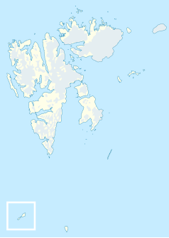Mapa konturowa Svalbardu, po lewej znajduje się punkt z opisem „Longyearbyen”