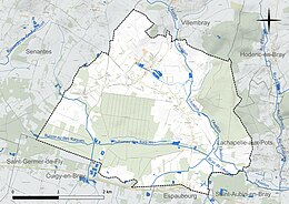 Carte en couleur présentant le réseau hydrographique de la commune