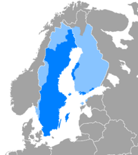 Поширення шведської мови у Північній Європі:    Мова більшості    Мова меншості