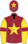 Maroon, yellow star on body and cap, yellow sleeves, maroon armlets