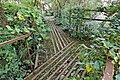 Déchiffrage et orientation d’un jardin botanique (1996). Dax, parc du Sarrat. Pont, cheminements et signalétique, sculptures verticales et horizontales par Danielle Justes.