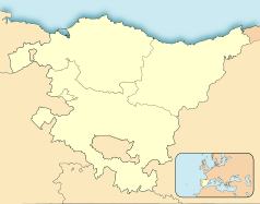 Mapa konturowa Kraju Basków, blisko centrum na dole znajduje się ikonka pałacu z opisem „Ajuria Enea”