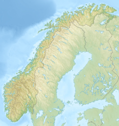 Mapa konturowa Norwegii, blisko lewej krawiędzi na dole znajduje się punkt z opisem „Bergen”