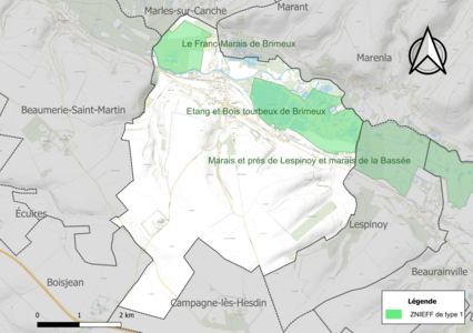 Carte des ZNIEFF de type 1 sur la commune.