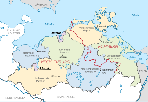 Mapa de Meclemburgo-Pomerânia Ocidental mostrando os limites distritais