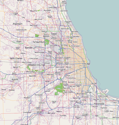 Mapa konturowa Chicago, blisko centrum u góry znajduje się punkt z opisem „ORD”
