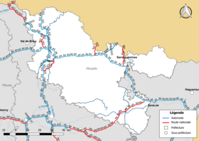 Carte du réseau routier national (autoroutes et routes nationales) dans le département de la Moselle