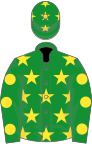 Green, yellow stars, spots on sleeves and stars on cap
