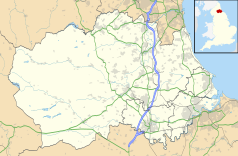 Mapa konturowa Durham, blisko centrum na prawo znajduje się punkt z opisem „Thinford”