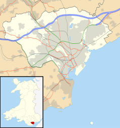 Mapa konturowa Cardiff, blisko centrum u góry znajduje się punkt z opisem „Katedra w Llandaff”