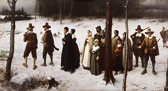 Pelegrins americans a Nova Anglaterra que van a l'església (pintura de George Henry Boughton, 1867)
